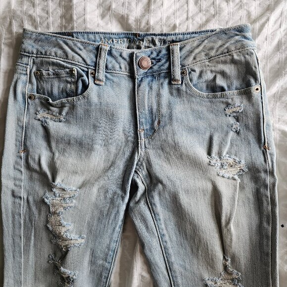 American Eagle Distressed Ripped Skinny Stretch Jeans - 2013 - Light Wash - Sz 0 - Picture 9 of 16
